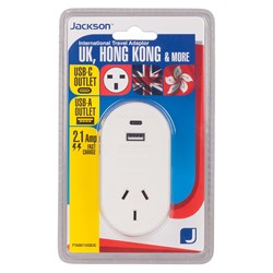 Jackson International Travel Adaptor with USB-A and USB-C for UK. Hong Kong. Singapore & more