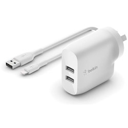 Belkin BoostUp Charge 24W Dual USB-A Charger + Lightning to USB-A Cable (White)