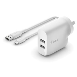 Belkin BoostUp Charge 24W Dual USB-A Wall Charger + USB-A to USB-C Cable (White)