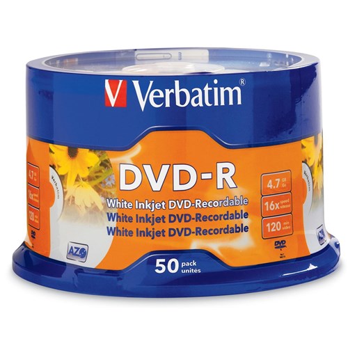 Verbatim 4.7GB White InkJet Blank DVD-R Media (50-Pack)