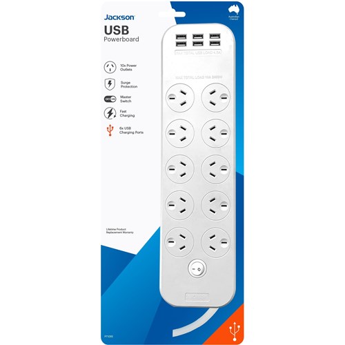 Jackson Surge Protected Board w/ 10 x Power Socket. 6 x USB-A Outlets