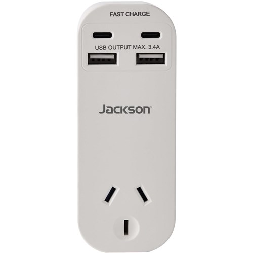 Jackson Fast Charge Adaptor w/ 1 x Power Socket. 2 x USB-A. 2 x USB-C Outlets