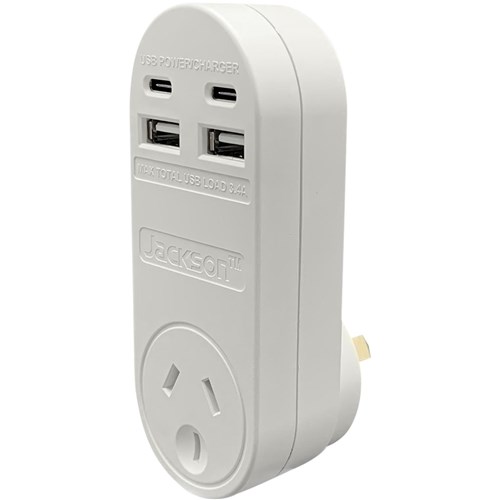 Jackson Fast Charge Adaptor w/ 1 x Power Socket. 2 x USB-A. 2 x USB-C Outlets