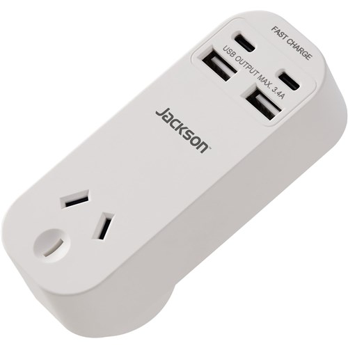 Jackson Fast Charge Adaptor w/ 1 x Power Socket. 2 x USB-A. 2 x USB-C Outlets