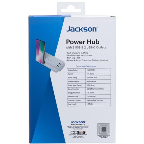 Jackson Surge Protected Hub Board w/ 2 x Power Socket. 2 x USB-C & 2 X USB-A Outlets