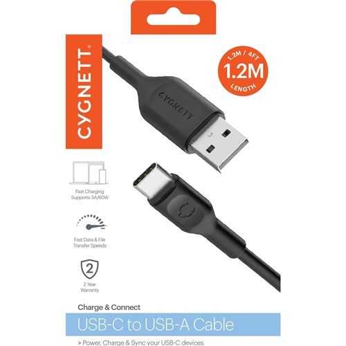 Cygnett Charge & Connect USB-C to USB-A Cable 1.2m (Black)