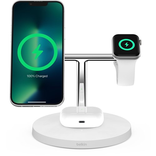 Belkin BoostUp Charge Pro 3-in-1 Wireless Charging Stand w/ MagSafe (White)