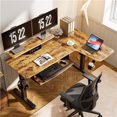Eureka 60' L Shaped Electric Standing Rustic Brown Office Desk (Right Side)
