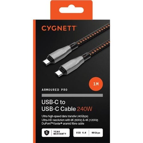 Cygnett Armoured Pro 240W USB-C to USB-C Cable 1M (Black)